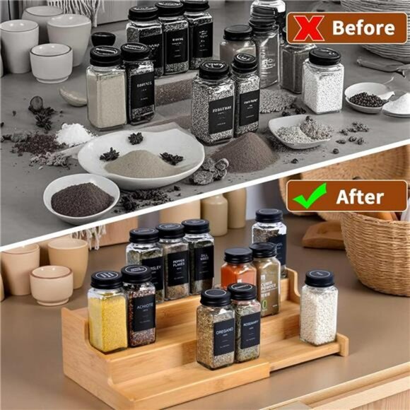 adjustable bamboo spice rack organizer 3 tier kitchen cabinet pantry shelf stora - Picture 6 of 8